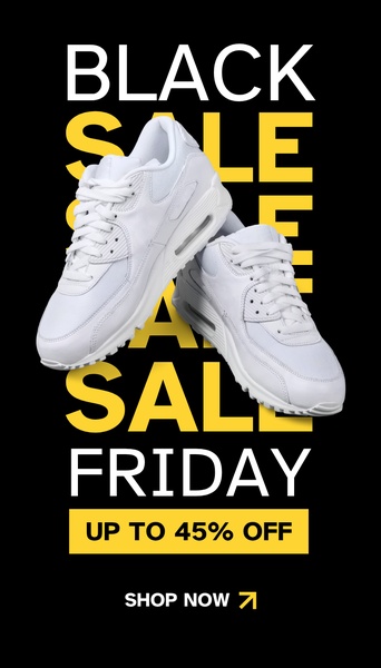 sneakers, running shoes, athletic shoes, trainers, sports shoes, sale promotion, modern typography, bold, black, yellow, black friday